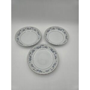 3 Vintage Empress China Japan Delft Blue Flower Soup Bowls Silver Trim